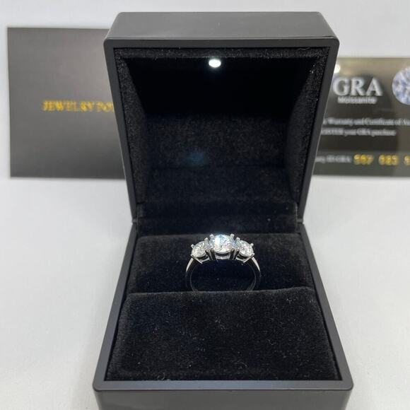 Three Stone Moissanite Ring Past Present Future Trilogy Wedding Anniversary Band - Picture 6 of 10